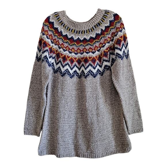 J JILL Women L Sweater Fair Isle Nordic Cotton Blend Gray Blue Red Pullover 42" - Picture 1 of 7